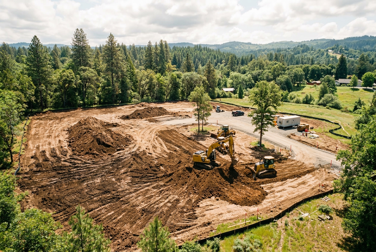 Sunlit aerial view of an active site being graded with excavators on a cleared parcel